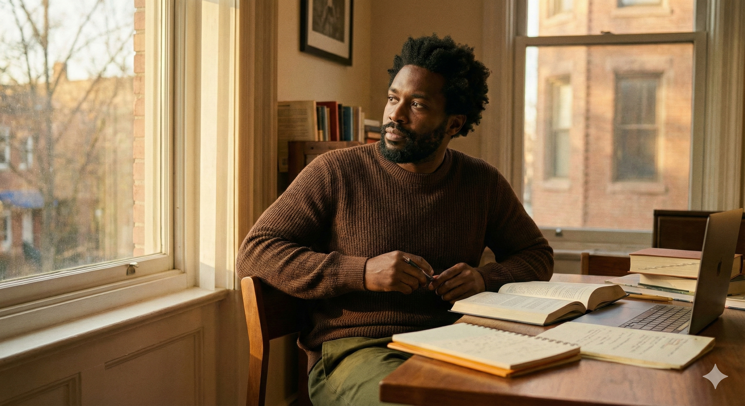 Homem pensando olhando pela janela